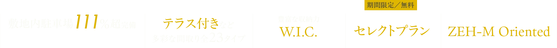 期間限定／無料で住空間を無料でカスタマイズできる「セレクトプラン」、テラス付きなど多彩な間取り全23タイプ、全戸ウォークインクローゼット採用、敷地内駐車場111％超完備（2台目あり・平置56区画・EV車対応区画あり）